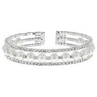 BRIDAL CRYSTAL RHINESTONE AND PEARL MULTILAYER 3 ROW CUFF BRACELET