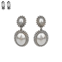 2-TIER OVAL HALO CRYSTAL RHINESTONE AND SYNTHETIC PEARL DANGLE AND DROP CLIP ON EARRINGS