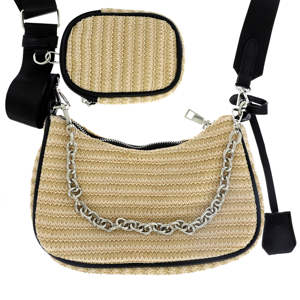 Dual Strap Straw Crossbody Shoulder Bag with Detachable Coin Purse - Yellow