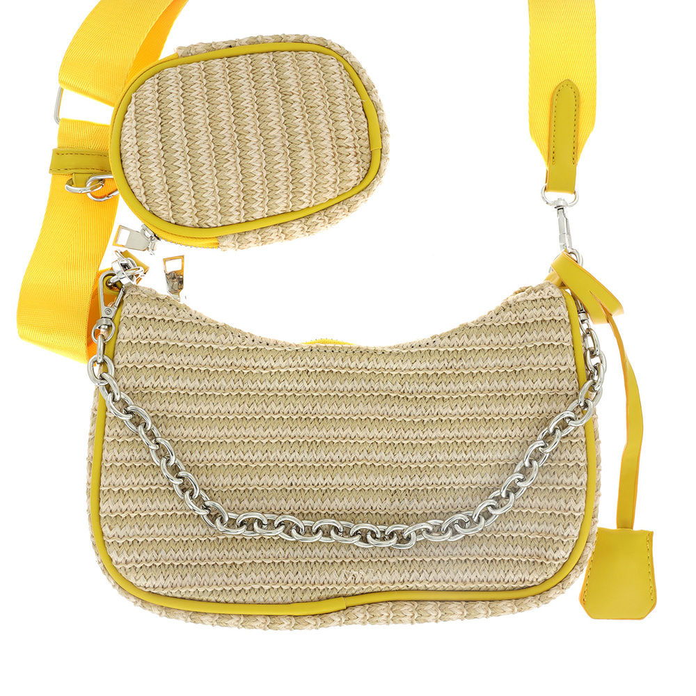 Dual Strap Straw Crossbody Shoulder Bag with Detachable Coin Purse - Yellow