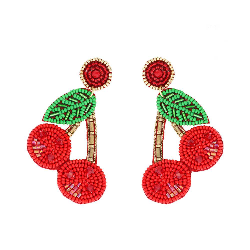 E8629 RD CHERRY SEED BEAD HANDMADE BEADED DANGLE EARRINGS - Fashion