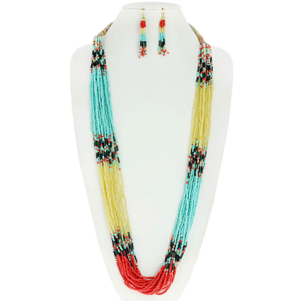 N5302 MT BOHEMIAN SEED BEAD MULTI STRAND LONG NECKLACE AND EARRINGS SET ...