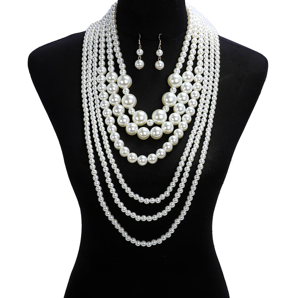 NPY074 GCR Multi Layered Pearl Strands Chunky Necklace And Earrings Set ...