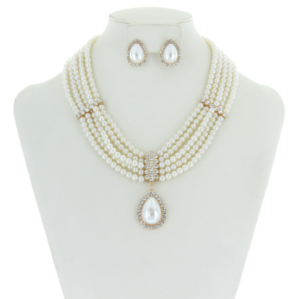 NPY096 GCR 5 LINE PEARL NECKLACE SET W/ DROP