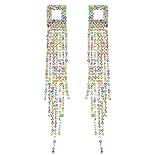 CRYSTAL RHINESTONE OPEN SQUARE LONG DROP TASSEL EARRINGS