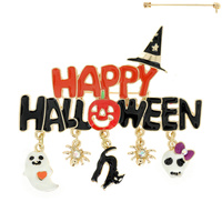 HAPPY HALLOWEEN WITH JACK O LANTERN PUMPKIN, CAT, GHOST AND SKELETON BROOCH PIN
