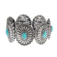 WESTERN TURQUOISE SEMI STONE OVAL SCALLOPED CONCHO STRETCH BRACELET