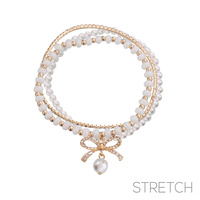 3-PC PEARL BOW STRETCH BRACELET SET