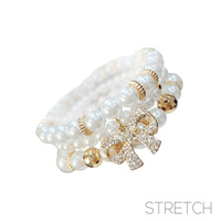 3-PC PEARL BOW STRETCH BRACELET SET