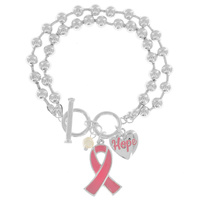 PINK RIBBON "HOPE" BREAST CANCER AWARENESS BALL CHAIN BEADED MULTISTRANDED TOGGLE ENAMEL MULTI CHARM BRACELET