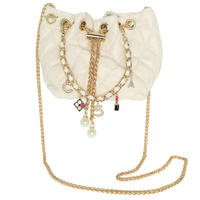FASHIONISTA MULTI JEWELED CHARM TEXTURED LEATHER BUCKET BAG WITH CHAIN STRAPS