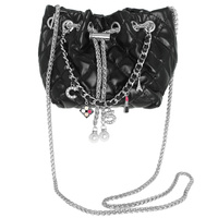 FASHIONISTA MULTI JEWELED CHARM TEXTURED LEATHER BUCKET BAG WITH CHAIN STRAPS