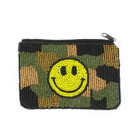 90S GRUNGE STYLE, SMILEY FACE MILITARY CAMO PRINT BEADED COIN BAG