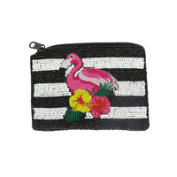 FLAMINGO STRIPES - SEED BEAD TROPICAL THEMED FLAMINGO HANDMADE BEADWORK COIN PURSE