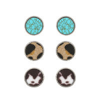 WESTERN 3-PAIR TURQUOISE & FAUX COWHIDE CIRCULAR ROPE TRIM STUD EARRING SET