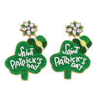 2-TIER JEWELED "SAINT PATRICK'S DAY" SEED BEAD CLOVER SHAPED HANDMADE BEADED EMBROIDERY DANGLE AND DROP NOVELTY EARRINGS