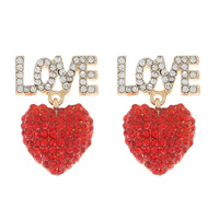 2-TIER CRYSTAL RHINESTONE PAVE "LOVE" HEART DANGLE AND DROP VALENTINE'S DAY EARRINGS