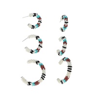 3-PAIR NATIVE AMERICAN SUNBURST BEADED OPEN HOOP EARRING SET