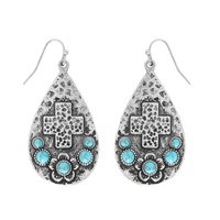 NAVAJO TURQUOISE FLORAL CROSS TEARDROP EARRINGS