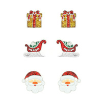 3PAIRS CHRISTMAS GIFT BOX, SLEIGH, SANTA POST EARRINGS SET