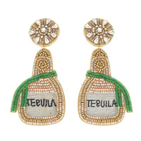 2-TIER JEWELED GREEN RIBBON TEQUILA BOTTLE BEADED EMBROIDERY LONG DROP EARRINGS