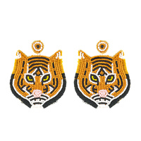 TIGER HEAD SEED BEAD HANDMADE BEADED EMBROIDERY DANGLE AND DROP EARRINGS