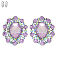 CRYSTAL RHINESTONE OVAL CLUSTER CLIP ON DROP EARRINGS