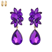 Dangly Teardrop Gem With Stone Cluster Metal Clip Earrings