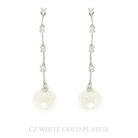 WHIITE GOLD-PLATED CZ PEARL LINEAR EARRINGS