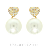 GOLD PLATED CZ HEART PEARL POST EARRINGS