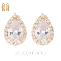 GOLD PLATED CZ TEARDROP HALO CLIP-ON STUD EARRINGS