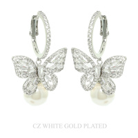 GOLD-PLATED CZ BUTTERFLY PEARL DROP HOOP EARRINGS