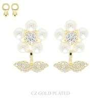 GOLD-PLATED CZ PEARL PAVE FLOWER CLIP-ON EARRINGS