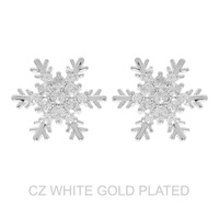 WHITE GOLD PLATED CZ SNOWFLAKE POST EARRINGS