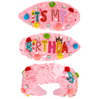 IT'S MY BIRTHDAY EMBROIDERED TOP KNOTTED HEADBAND