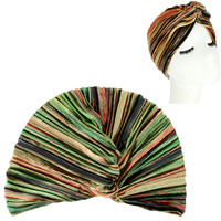 COLORFUL STRIPE VELVET SOFT PRE TIED KNOT PLEATED TURBAN