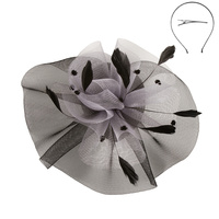 BLACK/GREY FASHIONABLE CHURCH FASCINATOR WITH FLORAL CENTER