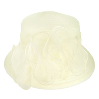 WIDE DOWN BRIM ORGANZA HAT WITH PLEATED SHEER FLORAL RIBBON