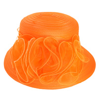 WIDE DOWN BRIM ORGANZA HAT WITH PLEATED SHEER FLORAL RIBBON