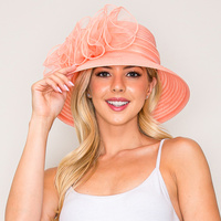 WIDE DOWN BRIM ORGANZA HAT WITH PLEATED SHEER FLORAL RIBBON