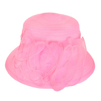 WIDE DOWN BRIM ORGANZA HAT WITH PLEATED SHEER FLORAL RIBBON