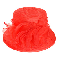 WIDE DOWN BRIM ORGANZA HAT WITH PLEATED SHEER FLORAL RIBBON