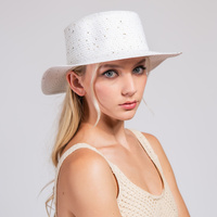 DRESSY WIDE FLAT BRIM PATTERNED WOVEN STRAW HAT