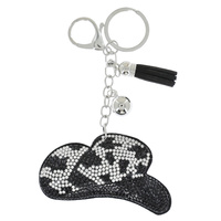 CRYSTAL RHINESTONE PAVE LEOPARD PRINT COWBOY HAT MULTI CHARM SUEDE FRINGE KEYCHAIN WITH DUAL SPLIT RING AND LOBSTER CLAW CLASP