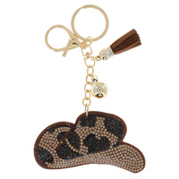 CRYSTAL RHINESTONE PAVE LEOPARD PRINT COWBOY HAT MULTI CHARM SUEDE FRINGE KEYCHAIN WITH DUAL SPLIT RING AND LOBSTER CLAW CLASP