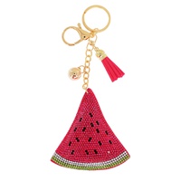 CRYSTAL RHINESTONE PAVE WATERMELON SLICE MULTI CHARM SUEDE FRINGE KEYCHAIN WITH DUAL SPLIT RING AND LOBSTER CLAW CLASP