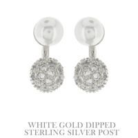DOUBLE BALL GOLD DIPPED CUBIC ZIRCONIA PAVE SYNTHETIC PEARL STERLING SILVER POST EAR JACKET EARRINGS