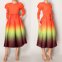 GRADIENT PLEATED LONG-SLEEVE MIDI DRESS