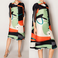 ABSTRACT PRINT PLEATED LAPEL SHIRTDRESS