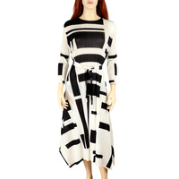 ABSTRACT COLOR BLOCK PLEATED A-LINE MIDI DRESS
